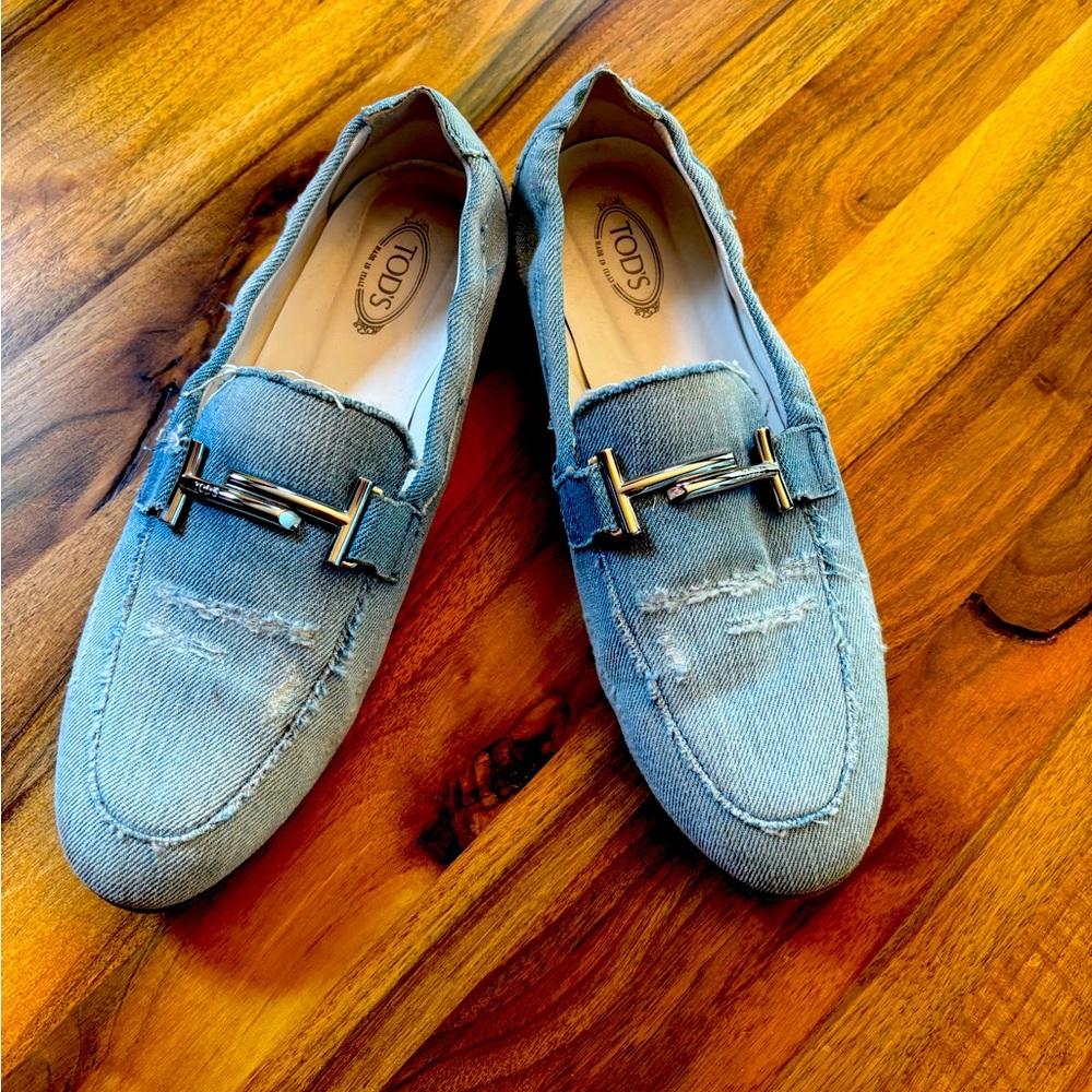 Tod's Blue Denim Loafers with Silver Horsebit Detail